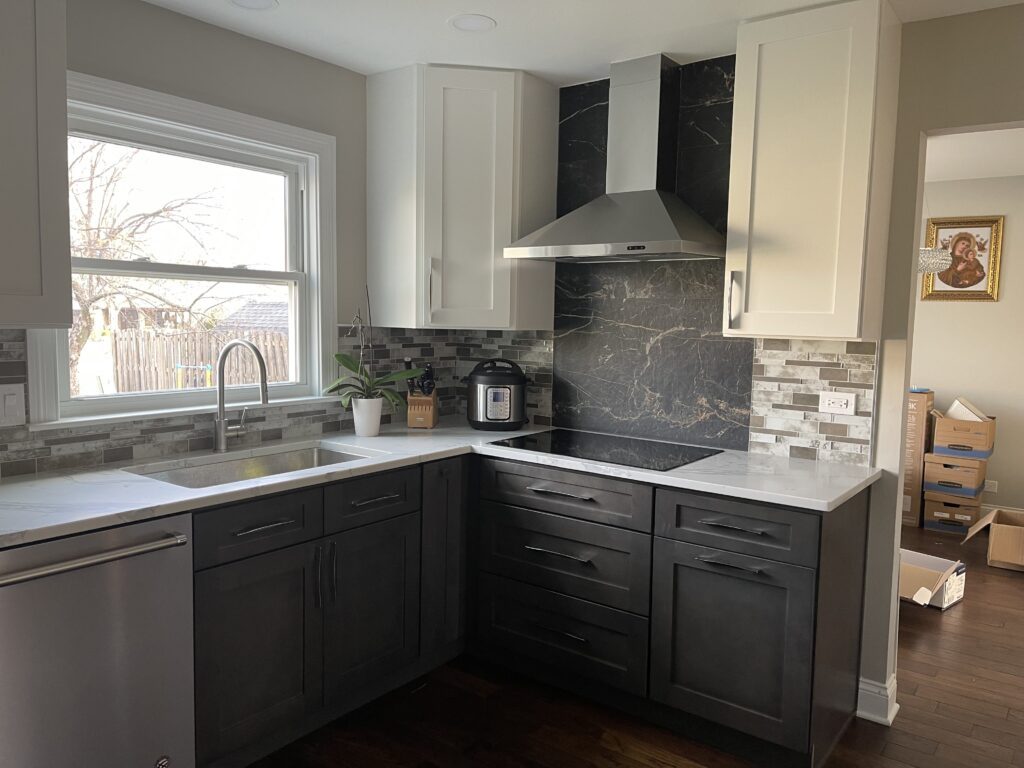 A kitchen with white cabinets and a sink.