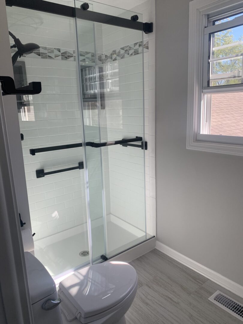 A bathroom with a glass shower door and toilet.