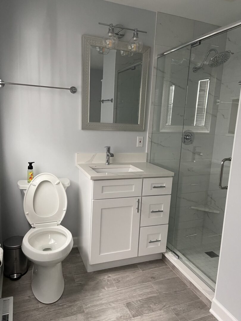 A white bathroom with a toilet, sink and shower.