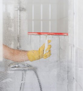 front view hand cleaning bathroom glass