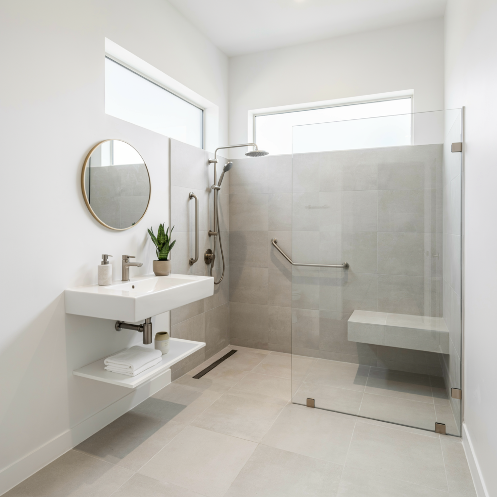 Senior-friendly bathroom with grab bars, curbless shower and non-slip flooring — EZ Bath N Shower, Lake & McHenry County IL