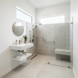 Senior-friendly bathroom with grab bars, curbless shower and non-slip flooring — EZ Bath N Shower, Lake & McHenry County IL