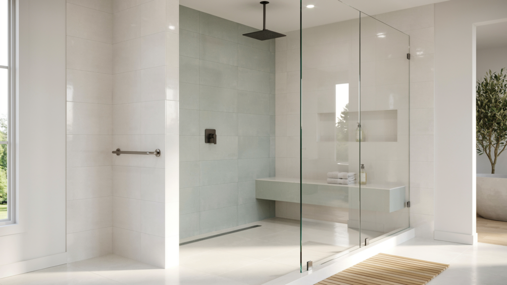 Curbless zero-entry walk-in shower with grab bar and bench — EZ Bath N Shower, Lake & McHenry County IL