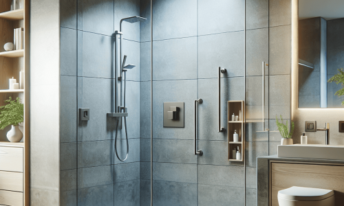 Low maintenance walk-in shower with modern tile walls and glass enclosure during repair