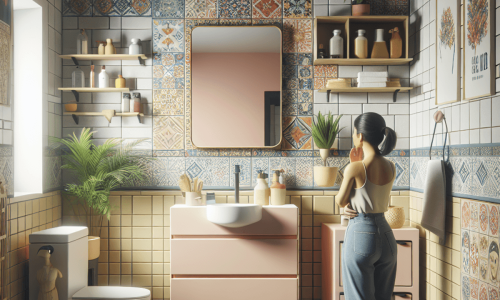 Modern bathroom remodel with decorative tile walls, floating vanity, and stylish storage shelves