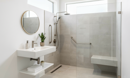 Senior-friendly bathroom with grab bars, curbless shower and non-slip flooring — EZ Bath N Shower, Lake & McHenry County IL