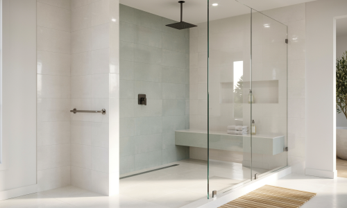 Curbless zero-entry walk-in shower with grab bar and bench — EZ Bath N Shower, Lake & McHenry County IL